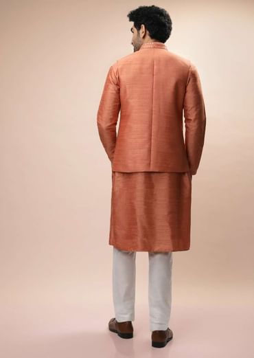 Coral Peach Nehru Jacket And Kurta Set With Resham And Mirror Embroidered Buttis And Stripe Design