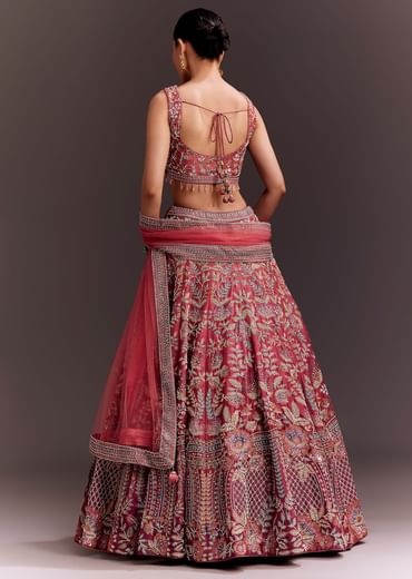 Coral Pink Embroidered Lehenga Set With Net Dupatta