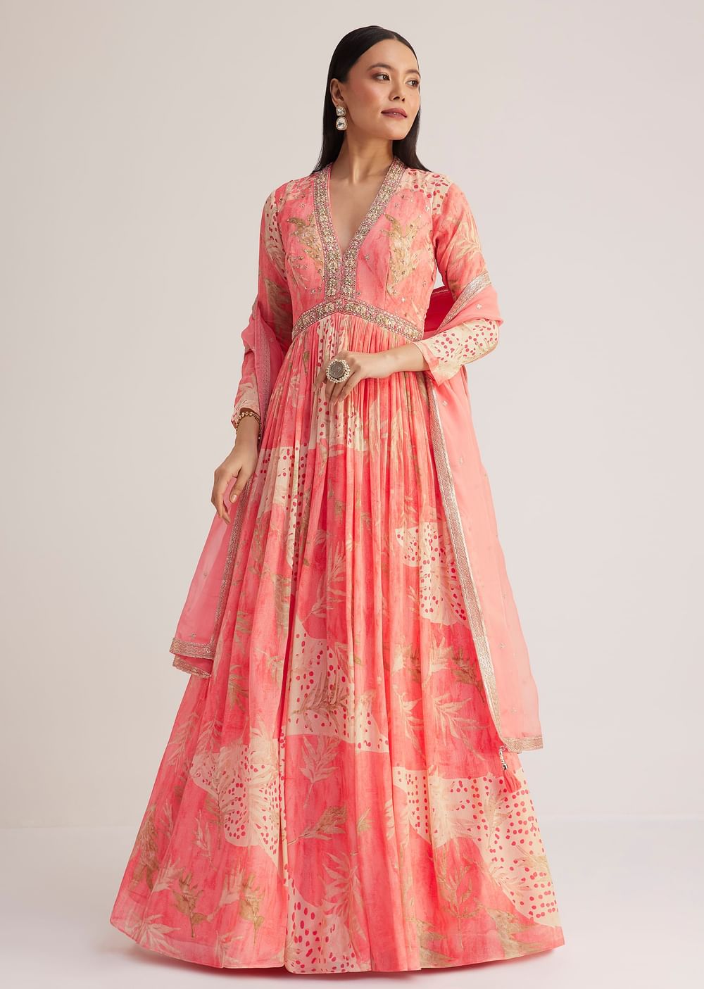 Coral Pink Printed Anarkali With Organza Dupatta