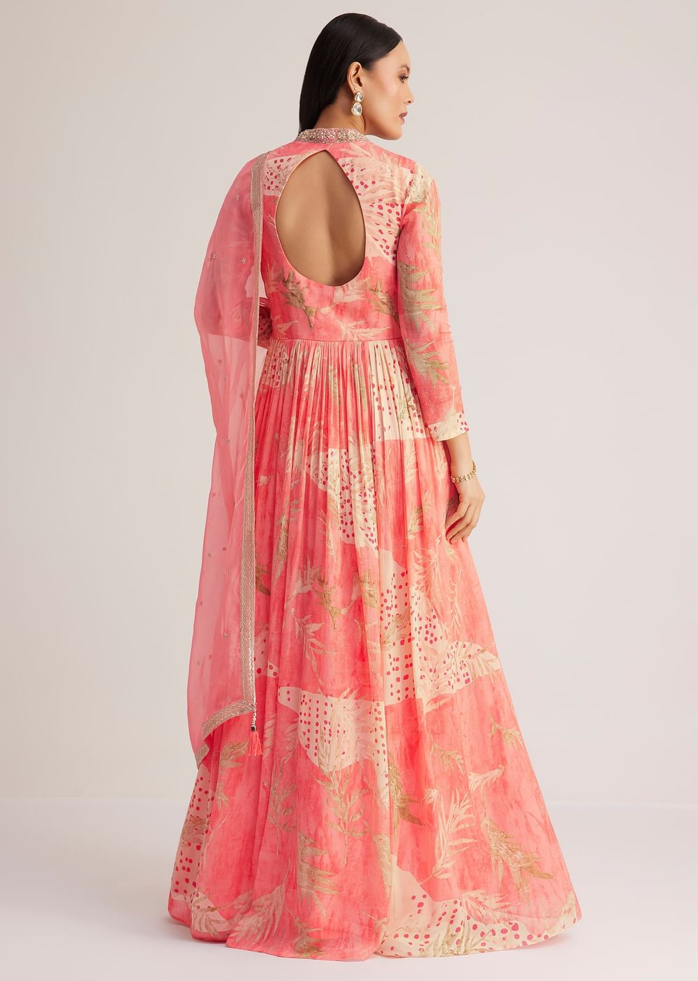 Coral Pink Printed Anarkali With Organza Dupatta