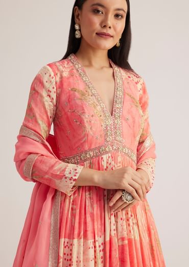 Coral Pink Printed Anarkali With Organza Dupatta