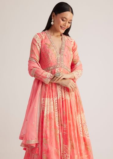 Coral Pink Printed Anarkali With Organza Dupatta