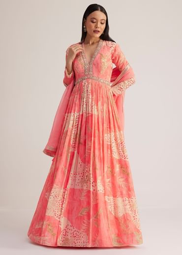 Coral Pink Printed Anarkali With Organza Dupatta