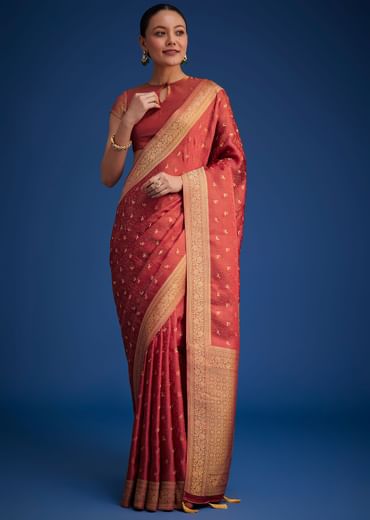 Dusky Orange Tissue Silk Saree With Zari Border And Butti Work