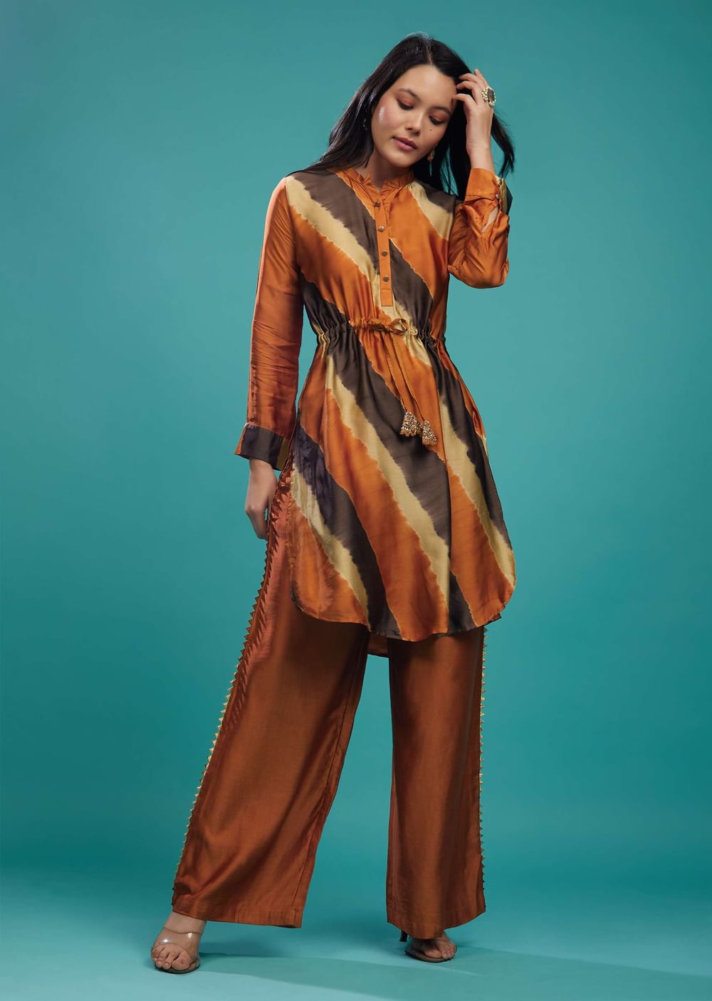 Rust Orange Cotton Silk Tie-Dye Top With Palazzo
