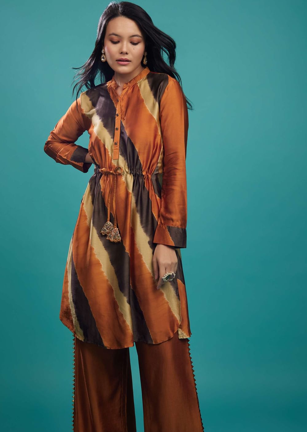 Rust Orange Cotton Silk Tie-Dye Top With Palazzo