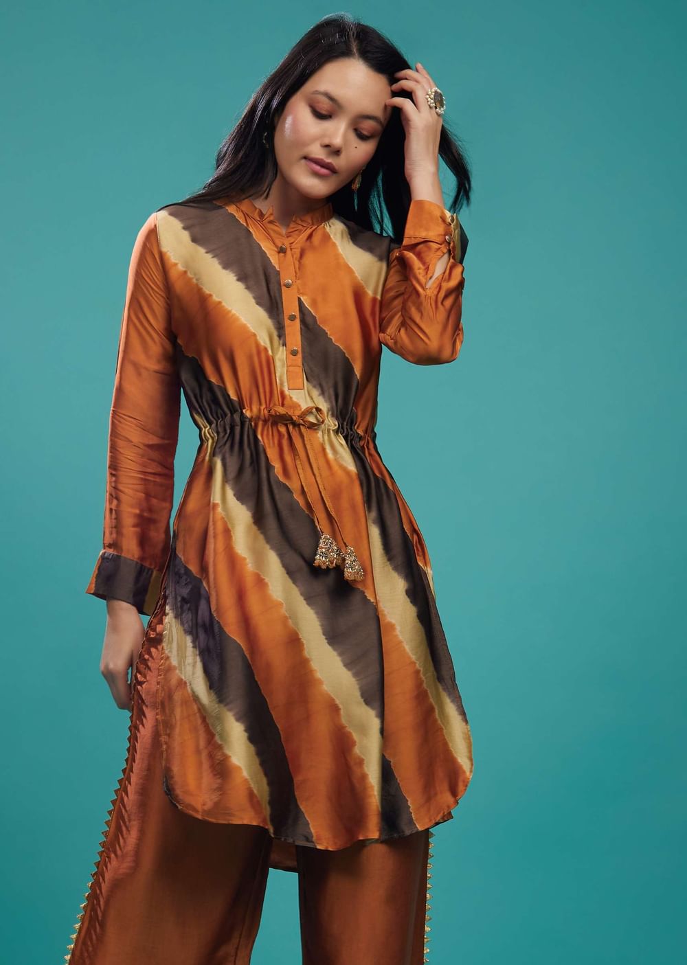 Rust Orange Cotton Silk Tie-Dye Top With Palazzo