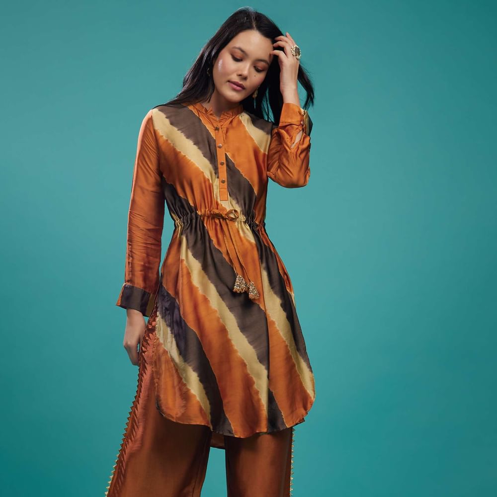 Rust Orange Cotton Silk Tie-Dye Top With Palazzo