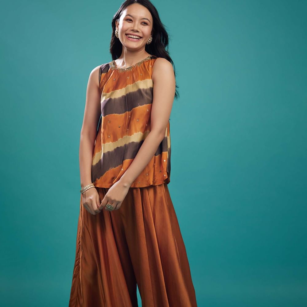 Rust Orange Top And Palazzo In Cotton Silk With Handwork On The Neckline