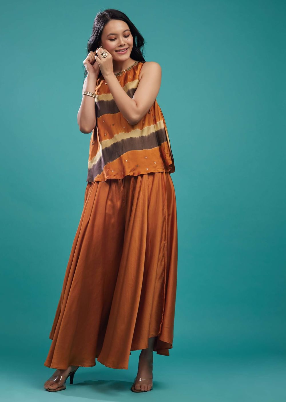 Rust Orange Top And Palazzo In Cotton Silk With Handwork On The Neckline