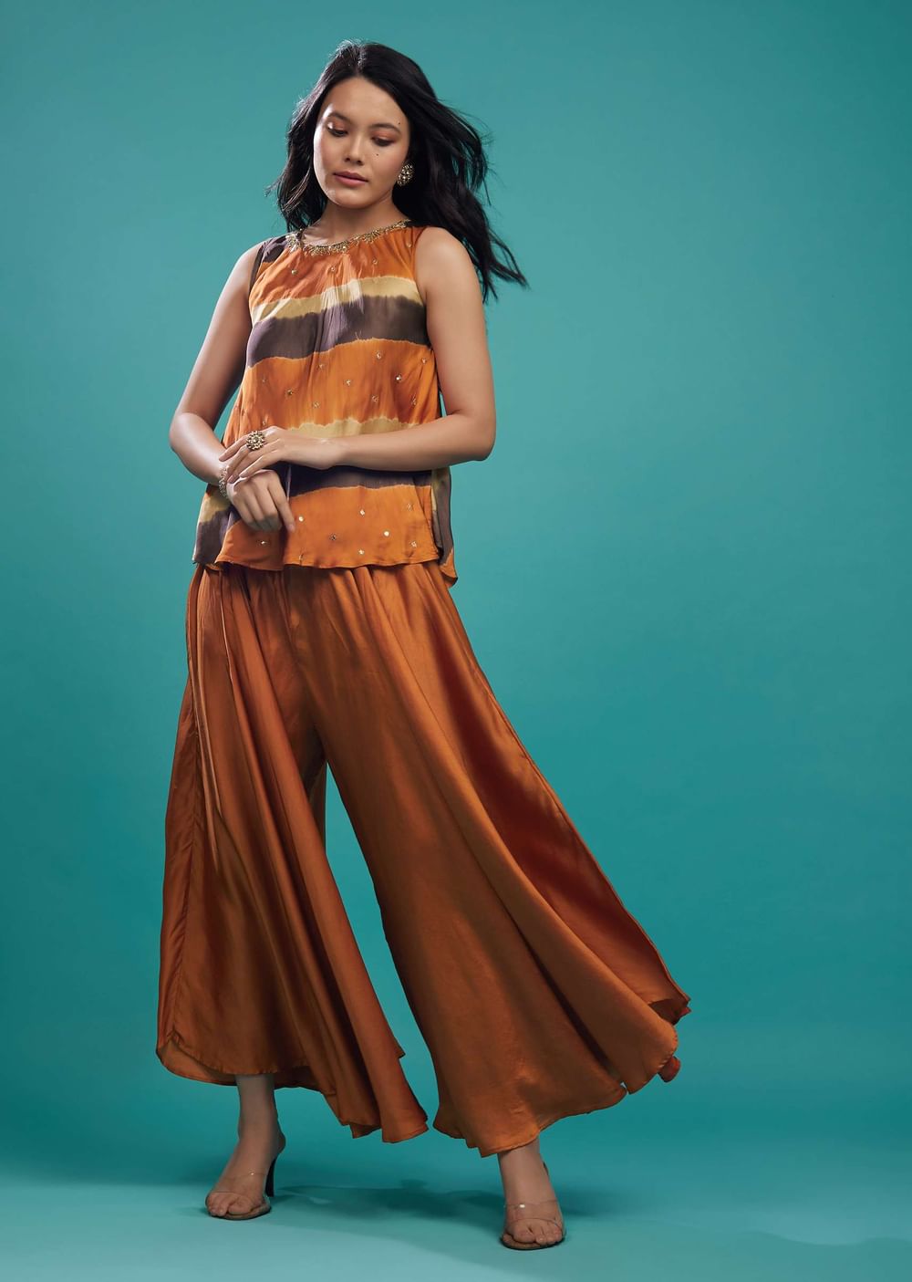 Rust Orange Top And Palazzo In Cotton Silk With Handwork On The Neckline