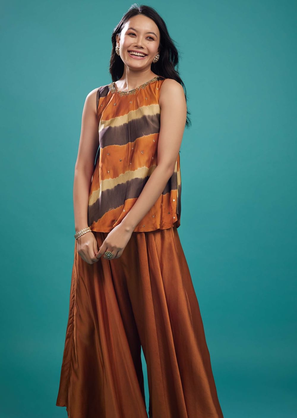 Rust Orange Top And Palazzo In Cotton Silk With Handwork On The Neckline