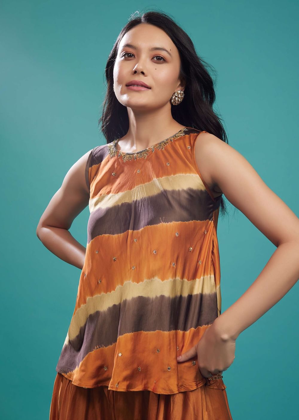 Rust Orange Top And Palazzo In Cotton Silk With Handwork On The Neckline