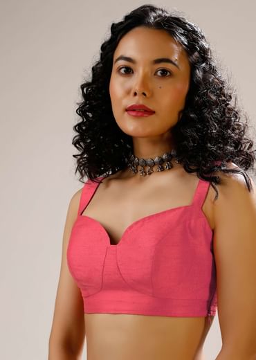 Coral Sleeveless Blouse In Raw Silk With Corset Neckline And Straps On The Shoulder
