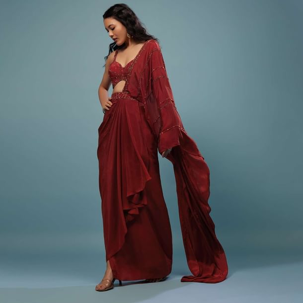 Blood Red Ready-Pleated Embroidered Saree