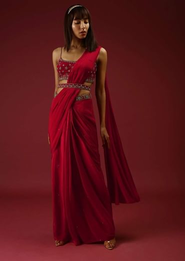 Cranberry Red Ready Pleated Saree With A Multicolored Hand Embroidered Blouse And Belt