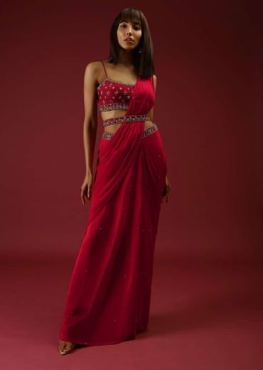 Cranberry Red Ready Pleated Saree With A Multicolored Hand Embroidered Blouse And Belt