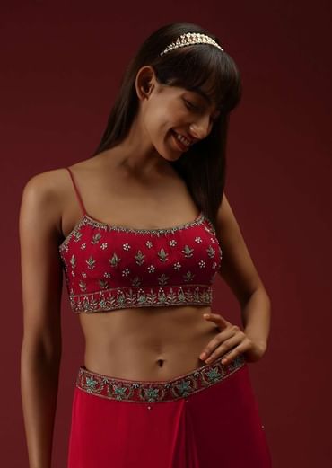 Cranberry Red Ready Pleated Saree With A Multicolored Hand Embroidered Blouse And Belt
