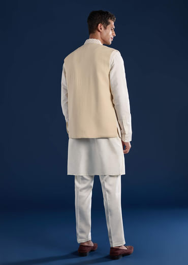 Cream Art Silk Jacket Kurta Set with Resham Work