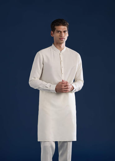 Cream Art Silk Jacket Kurta Set with Resham Work