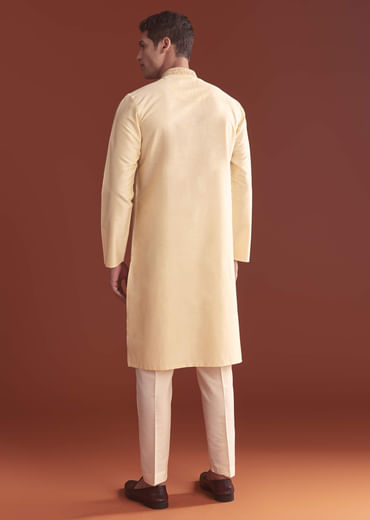 Cream Banarasi Silk Kurta Set For Men With Kashmiri Work