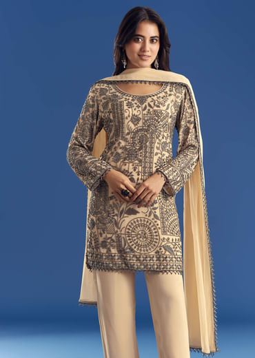 Cream Beaded Kurta Dupatta Set With Georgette Pant