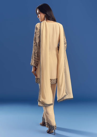 Cream Beaded Kurta Dupatta Set With Georgette Pant