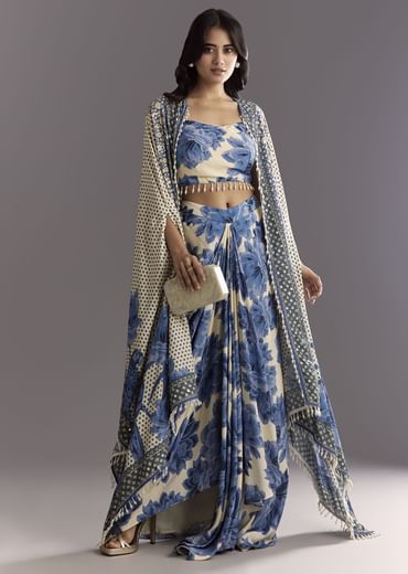 Cream Blue Floral Printed Croptop Skirt With Tassel Bordered Cape