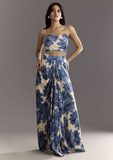 Cream Blue Floral Printed Croptop Skirt With Tassel Bordered Cape