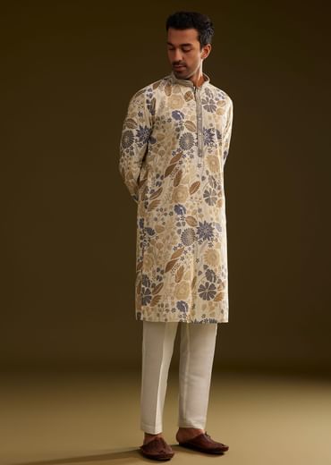 Cream Blue Silk Floral Printed Kurta Set