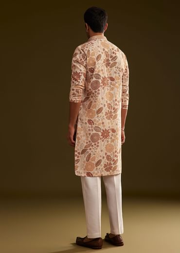 Cream Brown Silk Floral Printed Kurta Set