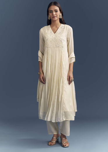 Cream Chinon Anarkali Suit With Moti And Thread Embroidery