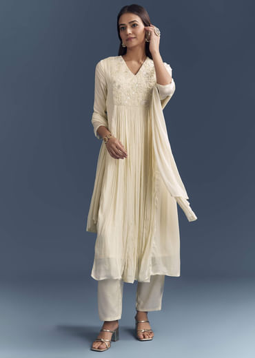 Cream Chinon Anarkali Suit With Moti And Thread Embroidery