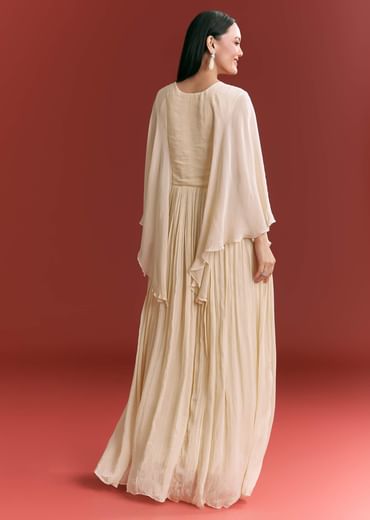 Cream Chinon Embroidered Gown With Flared Sleeves
