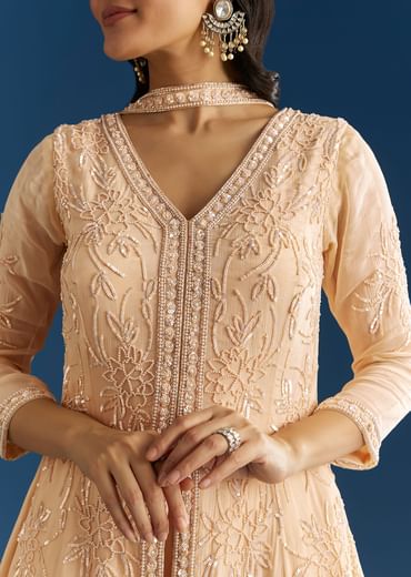 Cream Chinon Moti Embroidered Kurta Palazzo Set With Choker Style Dupatta