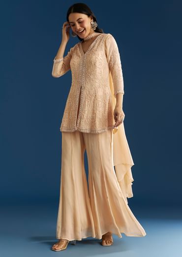Cream Chinon Moti Embroidered Kurta Palazzo Set With Choker Style Dupatta