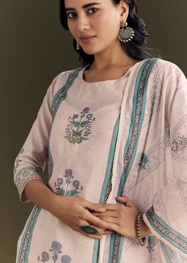 Cream Cotton Block Print Kurta Pant With Dupatta