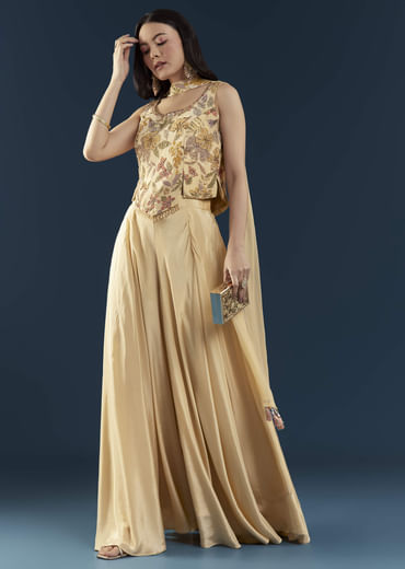 Cream Crepe Crop Top Palazzo Set with Floral Print