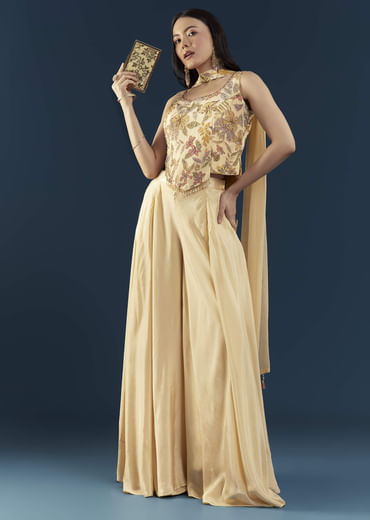 Cream Crepe Crop Top Palazzo Set with Floral Print