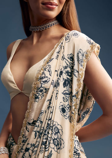 Cream Crepe Saree With Black Floral Print And Embroidery