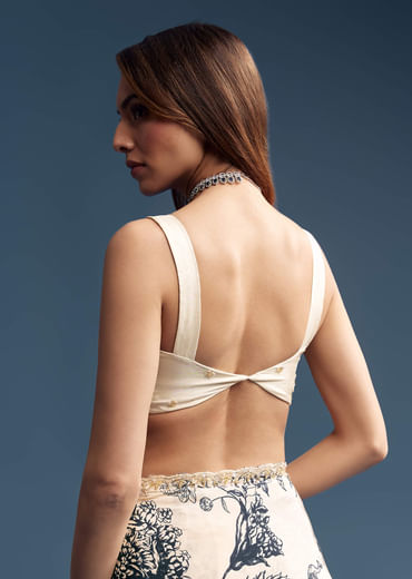 Cream Crepe Saree With Black Floral Print And Embroidery