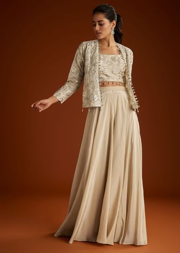 Cream Croptop Patch And Sequin Croptop Jacket Set