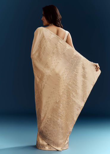 Cream Dola Silk Brocade Saree With Gota Patti Work