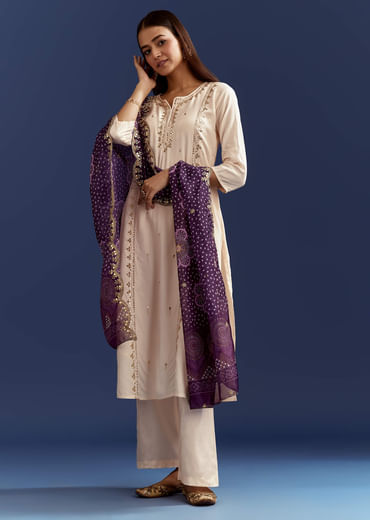 Cream Dola Silk Kurta With Gotta Work And Bandhani Purple Dupatta