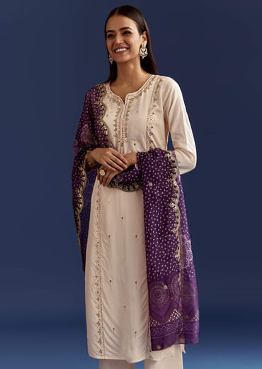 Cream Dola Silk Kurta With Gotta Work And Bandhani Purple Dupatta
