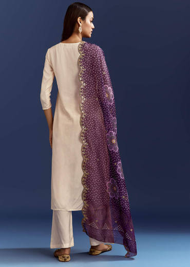 Cream Dola Silk Kurta With Gotta Work And Bandhani Purple Dupatta