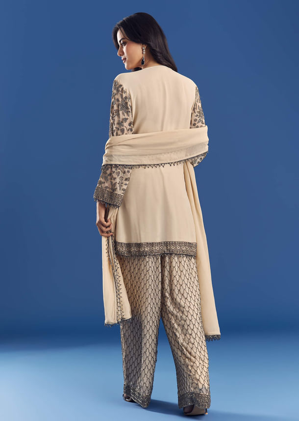 Cream Georgette Fully Beaded Kurta Pant Set With Dupatta