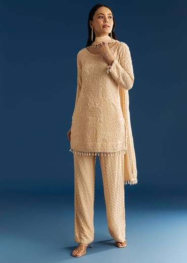 Cream Georgette Kurta Pant Set With Beaded Dupatta