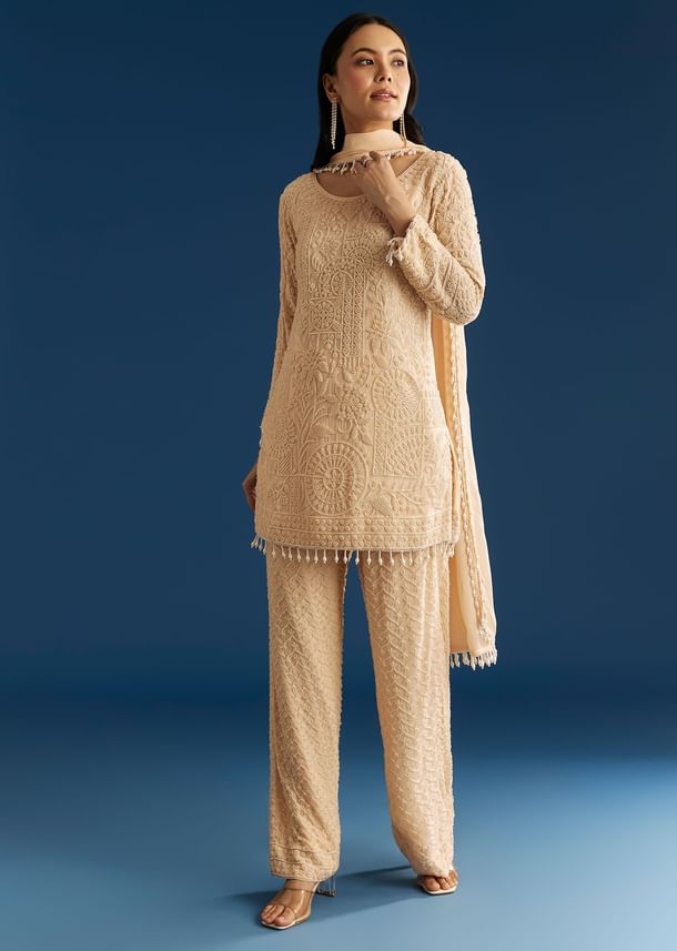 Cream Georgette Kurta Pant Set With Beaded Dupatta