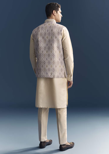 Cream Jacquard Kurta Jacket Set For Men With Printed Jacket